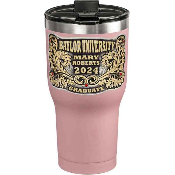 A customized tumbler made of stainless steel with a personalized engraved name and Baylor University lettering, 30 oz, ideal for coffee or cool drinks